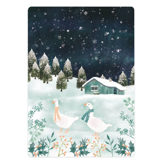 Kerstkaart - Two Geese and a Cottage in the Snow