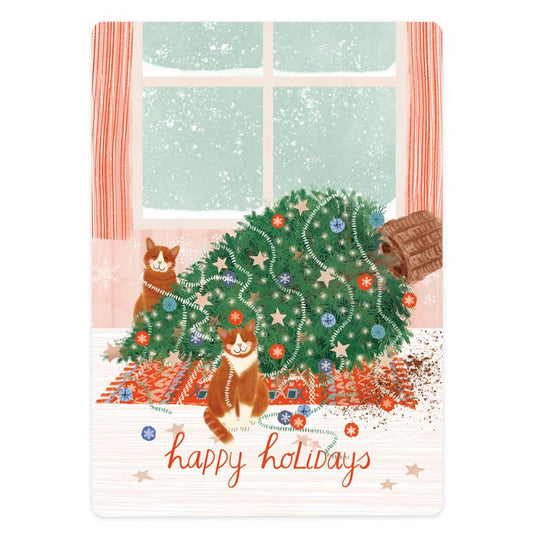 Kerstkaart - Two cats and a Christmas tree